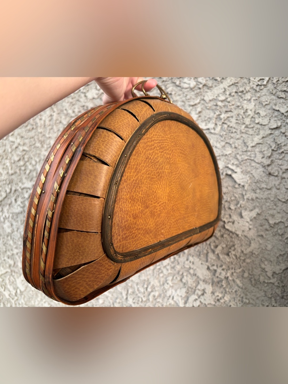 Vintage Half-Moon Structured Box Purse, Woven Wood / Bamboo Handbag